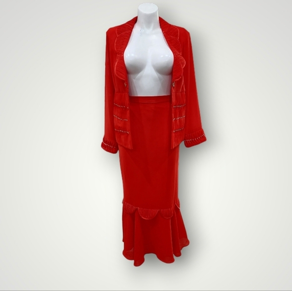 Tally Taylor Red 3 Piece Skirt Suit Embellished Jacket & Flair Skirt Detail Sz 8 - Picture 4 of 12
